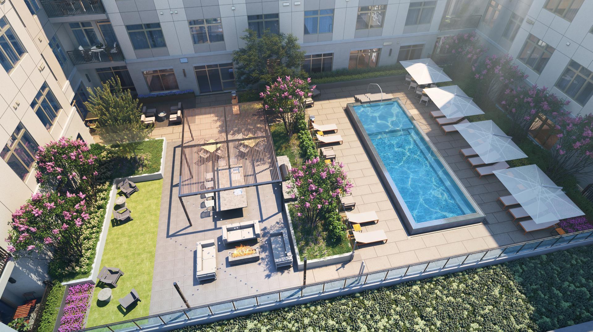 A rendering of the active courtyard at Coulter Place, with pool and lounge areas