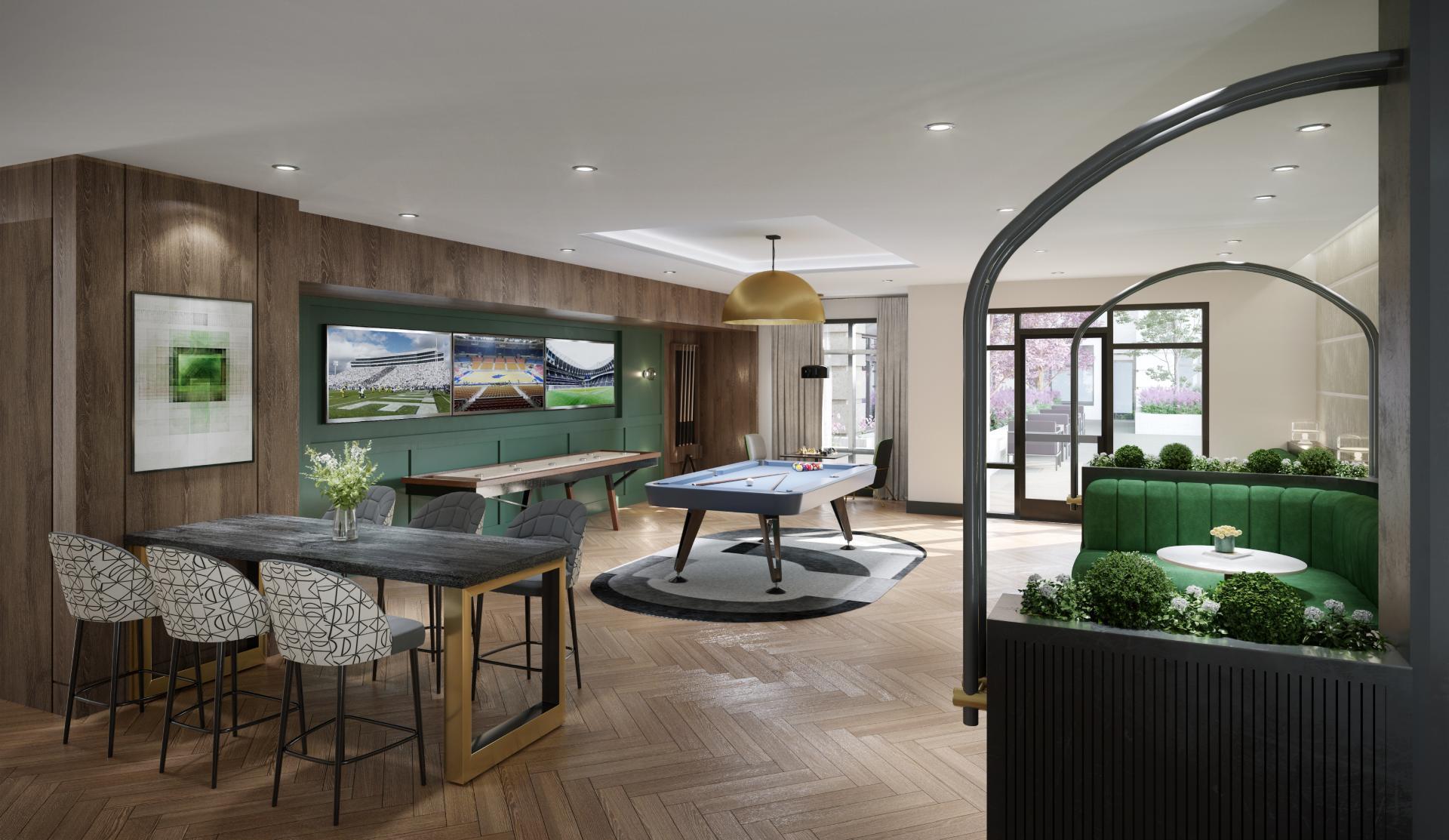 A rendering of an upscale clubroom with billiards table and multiple seating areas