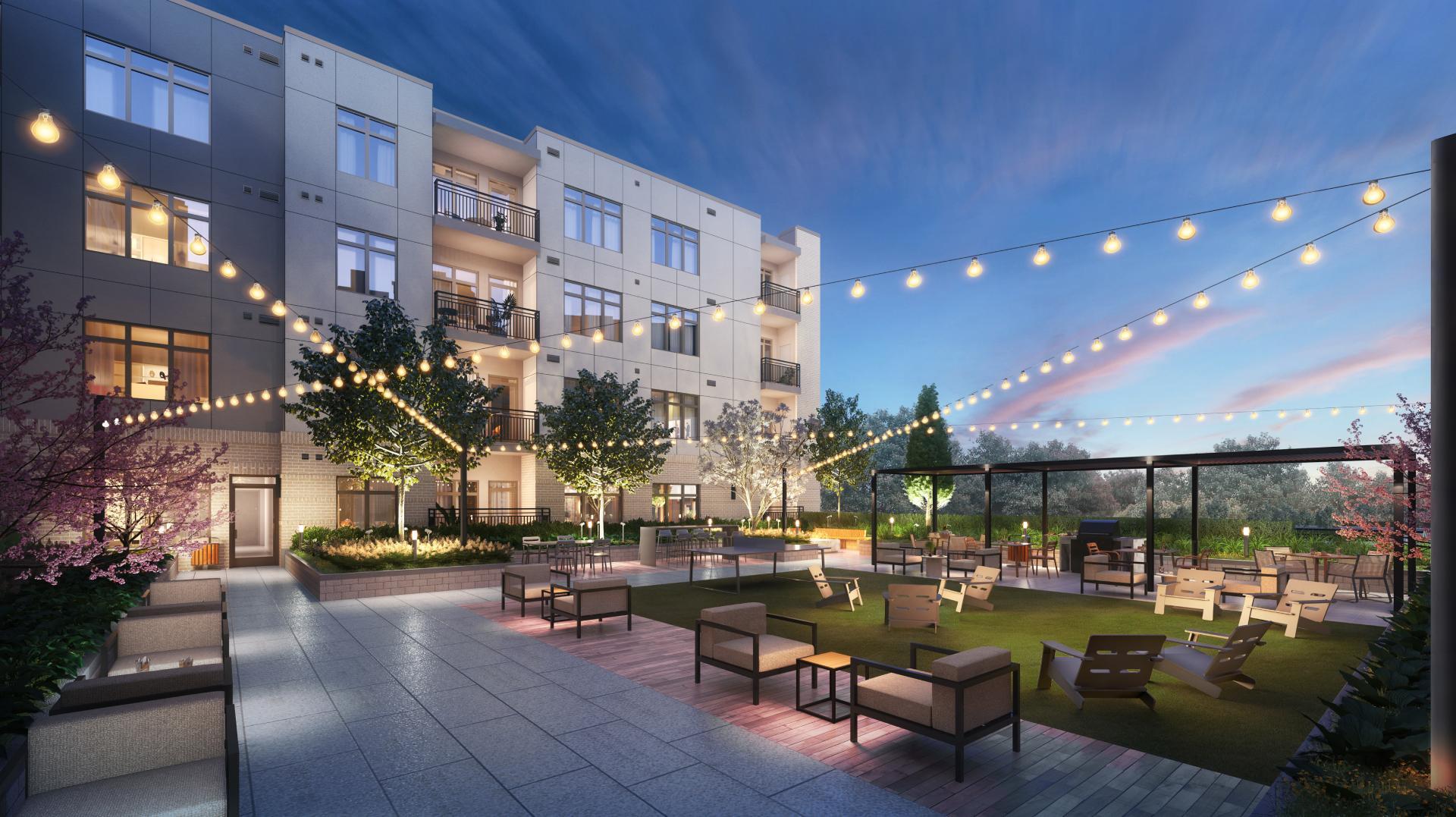 A rendering of sunset on the inner Coulter Place courtyard, with lounge seating under the market lights