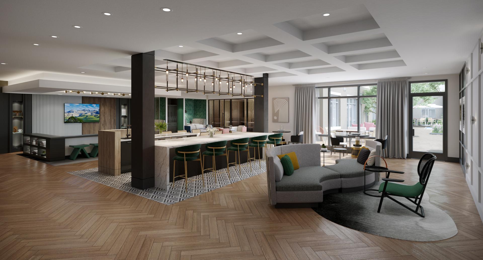 A rendering of a Coulter Place lounge space with bar seating and exhibition kitchen