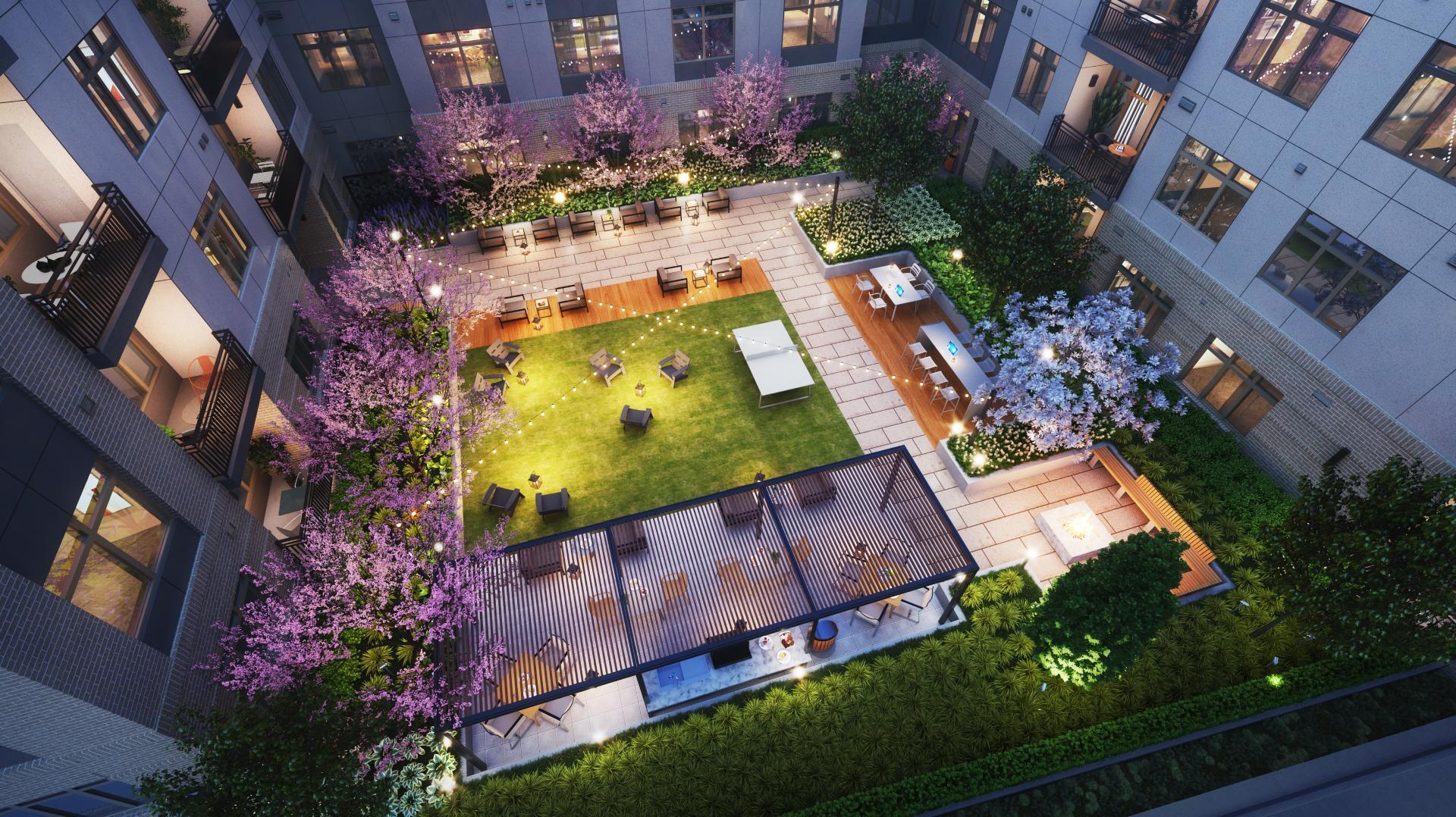 A rendering of the quiet courtyard at Coulter Place with landscaping and low-key lounge areas