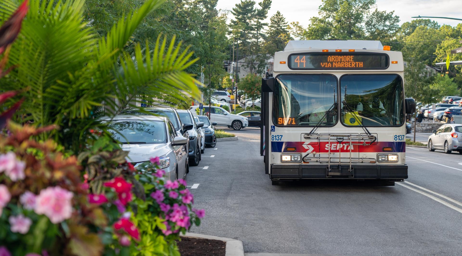 The number 44 SEPTA bus arriving at the Suburban Square stop