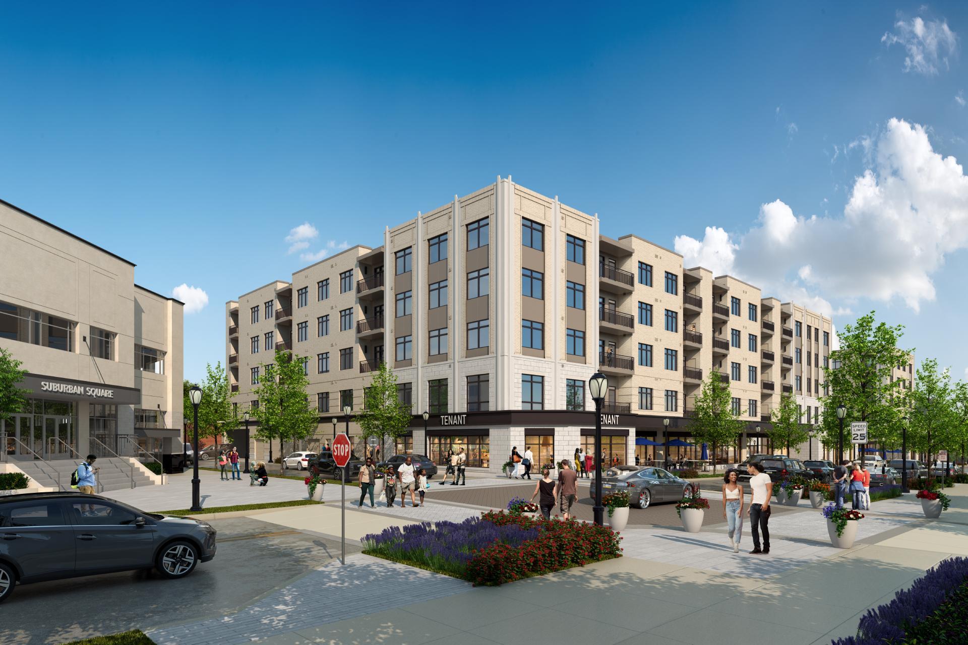 A rendering of Coulter Place and the tree-lined streetscape